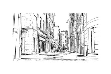 Print Building view with landmark of Nimes is the commune in France. Hand drawn sketch illustration in vector.