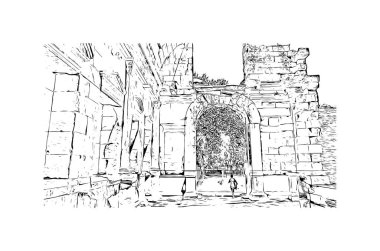 Print Building view with landmark of Nimes is the commune in France. Hand drawn sketch illustration in vector.