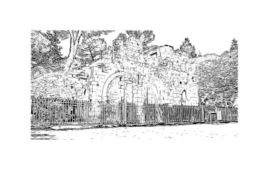 Print Building view with landmark of Nimes is the commune in France. Hand drawn sketch illustration in vector.
