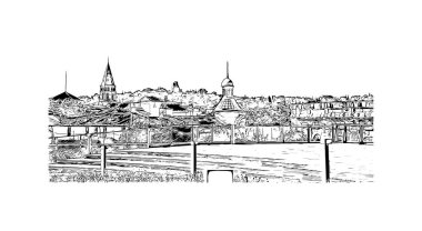 Print Building view with landmark of Nimes is the commune in France. Hand drawn sketch illustration in vector.