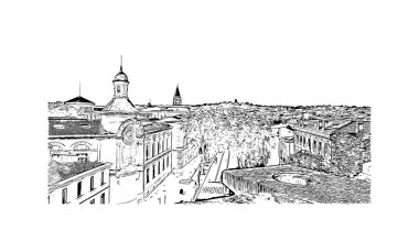 Print Building view with landmark of Nimes is the commune in France. Hand drawn sketch illustration in vector.
