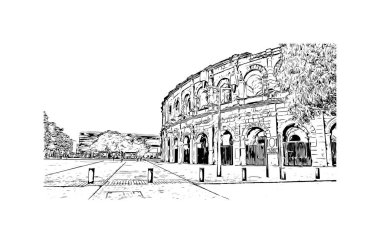 Print Building view with landmark of Nimes is the commune in France. Hand drawn sketch illustration in vector.