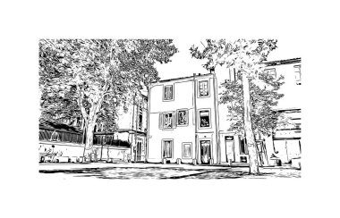 Print Building view with landmark of Nimes is the commune in France. Hand drawn sketch illustration in vector.