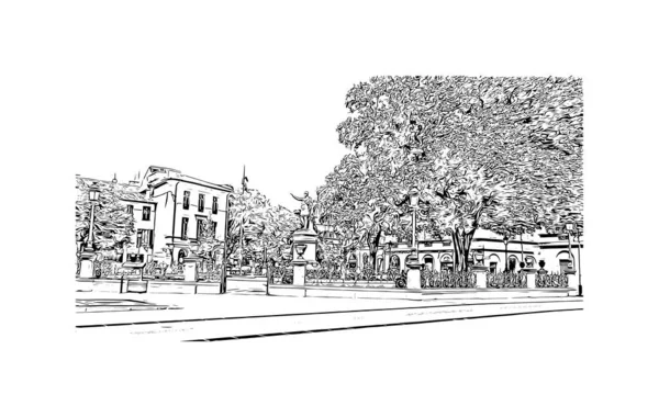 Print Building view with landmark of Nimes is the commune in France. Hand drawn sketch illustration in vector.