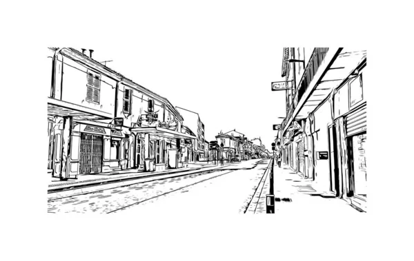 Print Building View Landmark Nimes Commune France Hand Drawn Sketch —  Vetores de Stock