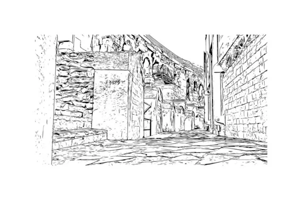 Print Building View Landmark Nimes Commune France Hand Drawn Sketch — Vector de stock