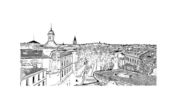 Print Building View Landmark Nimes Commune France Hand Drawn Sketch — Vector de stock