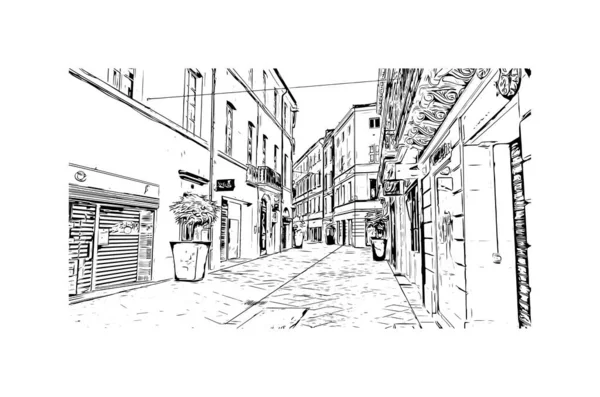 Print Building view with landmark of Nimes is the commune in France. Hand drawn sketch illustration in vector.