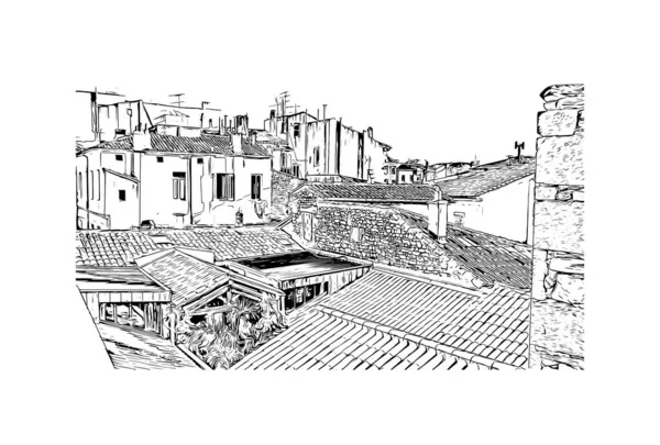 Print Building View Landmark Nimes Commune France Hand Drawn Sketch — Image vectorielle