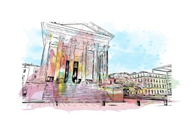 Print Building view with landmark of Nimes is the commune in France. Watercolor splash with hand drawn sketch illustration in vector.