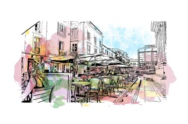 Print Building view with landmark of Nimes is the commune in France. Watercolor splash with hand drawn sketch illustration in vector.