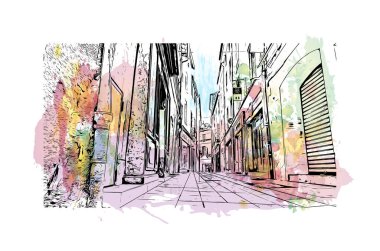 Print Building view with landmark of Nimes is the commune in France. Watercolor splash with hand drawn sketch illustration in vector.