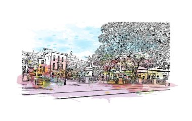 Print Building view with landmark of Nimes is the commune in France. Watercolor splash with hand drawn sketch illustration in vector.