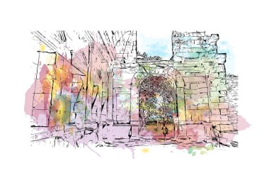 Print Building view with landmark of Nimes is the commune in France. Watercolor splash with hand drawn sketch illustration in vector.
