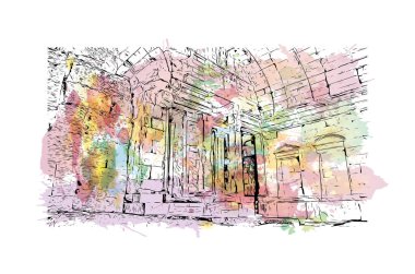 Print Building view with landmark of Nimes is the commune in France. Watercolor splash with hand drawn sketch illustration in vector.