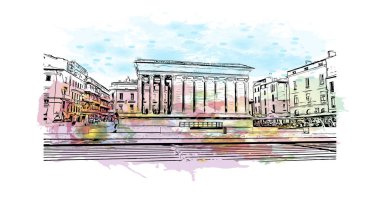 Print Building view with landmark of Nimes is the commune in France. Watercolor splash with hand drawn sketch illustration in vector.