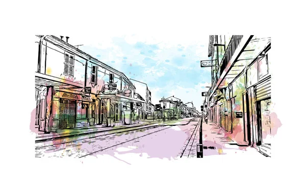 Print Building View Landmark Nimes Commune France Watercolor Splash Hand — 스톡 벡터