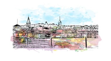 Print Building view with landmark of Nimes is the commune in France. Watercolor splash with hand drawn sketch illustration in vector.