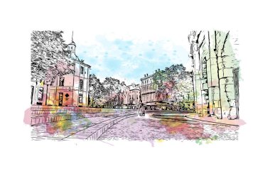 Print Building view with landmark of Nimes is the commune in France. Watercolor splash with hand drawn sketch illustration in vector.