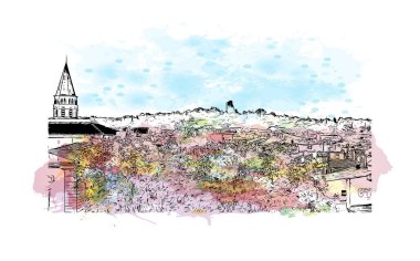 Print Building view with landmark of Nimes is the commune in France. Watercolor splash with hand drawn sketch illustration in vector.
