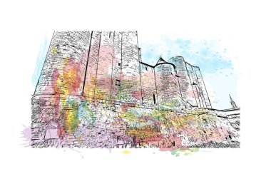 Print Building view with landmark of Niort is the commune in France. Watercolor splash with hand drawn sketch illustration in vector.