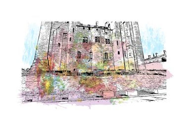 Print Building view with landmark of Niort is the commune in France. Watercolor splash with hand drawn sketch illustration in vector.
