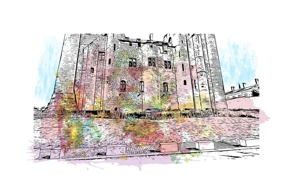 Print Building view with landmark of Niort is the commune in France. Watercolor splash with hand drawn sketch illustration in vector.