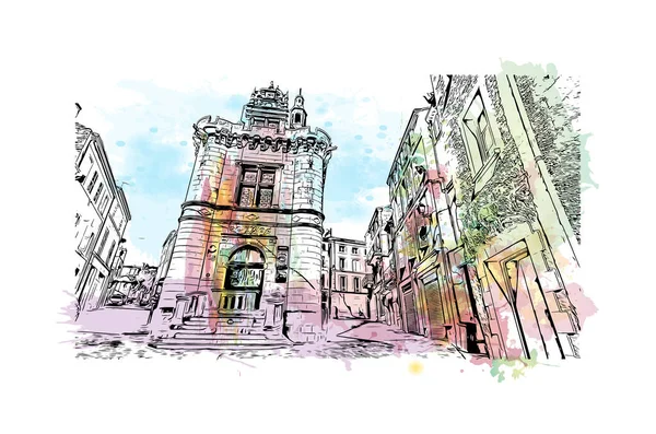 Print Building View Landmark Niort Commune France Watercolor Splash Hand — Vetor de Stock