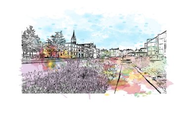 Print Building view with landmark of Niort is the commune in France. Watercolor splash with hand drawn sketch illustration in vector.