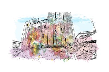 Print Building view with landmark of Niort is the commune in France. Watercolor splash with hand drawn sketch illustration in vector.