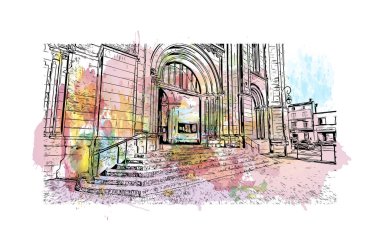 Print Building view with landmark of Niort is the commune in France. Watercolor splash with hand drawn sketch illustration in vector.
