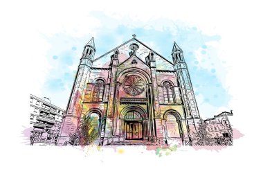 Print Building view with landmark of Niort is the commune in France. Watercolor splash with hand drawn sketch illustration in vector.