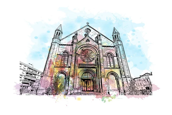 Print Building view with landmark of Niort is the commune in France. Watercolor splash with hand drawn sketch illustration in vector.