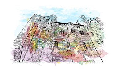 Print Building view with landmark of Niort is the commune in France. Watercolor splash with hand drawn sketch illustration in vector.