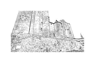 Print Building view with landmark of Niort is the commune in France. Hand drawn sketch illustration in vector.