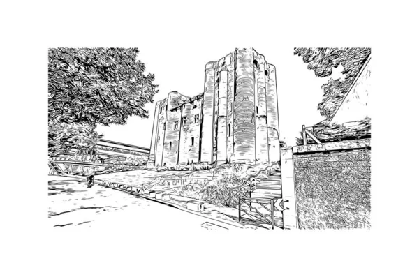 Print Building View Landmark Niort Commune France Hand Drawn Sketch — Vettoriale Stock