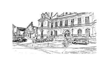 Print Building view with landmark of Niort is the commune in France. Hand drawn sketch illustration in vector.
