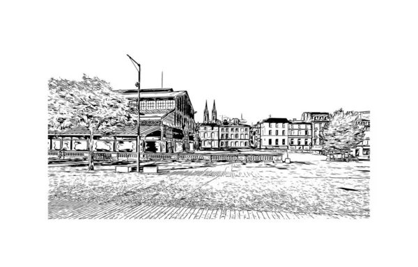 Print Building View Landmark Niort Commune France Hand Drawn Sketch — 스톡 벡터