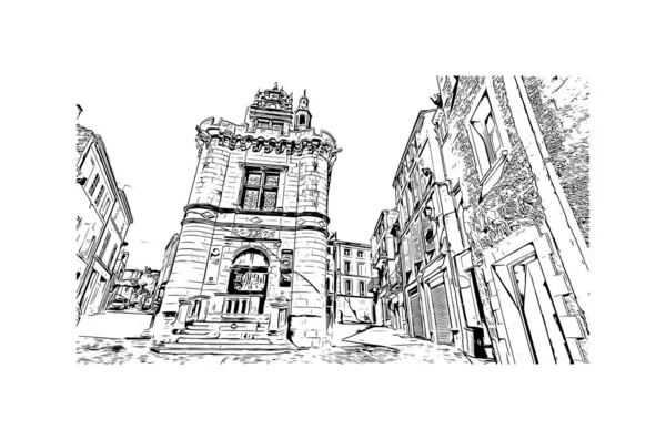 Print Building View Landmark Niort Commune France Hand Drawn Sketch — Stock vektor