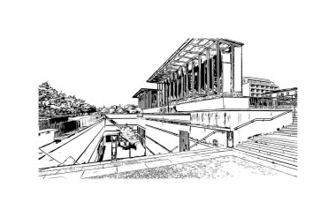 Print Building view with landmark of Niort is the commune in France. Hand drawn sketch illustration in vector.