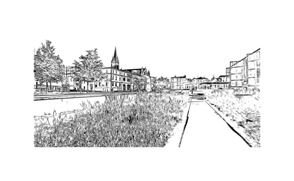 Print Building View Landmark Niort Commune France Hand Drawn Sketch — ストックベクタ