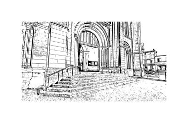 Print Building view with landmark of Niort is the commune in France. Hand drawn sketch illustration in vector.