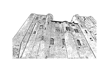 Print Building view with landmark of Niort is the commune in France. Hand drawn sketch illustration in vector.