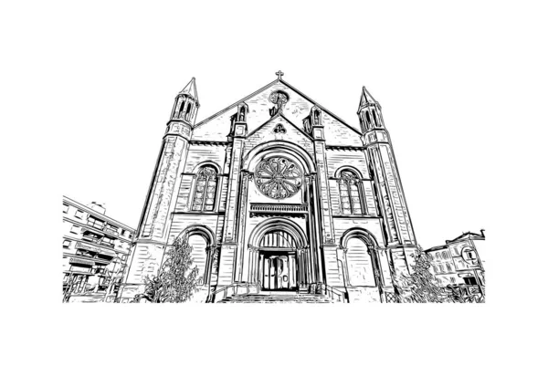 Print Building View Landmark Niort Commune France Hand Drawn Sketch — Vetor de Stock