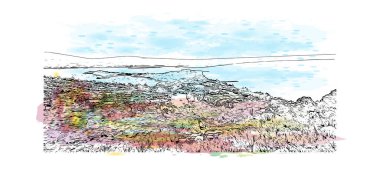 Print Building view with landmark of Noosa Heads is the town in Australia. Watercolor splash with hand drawn sketch illustration in vector.