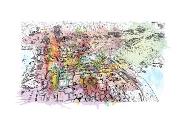 Print Building view with landmark of Noosa Heads is the town in Australia. Watercolor splash with hand drawn sketch illustration in vector.