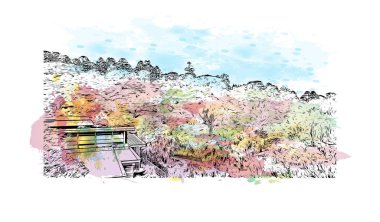 Print Building view with landmark of Noosa Heads is the town in Australia. Watercolor splash with hand drawn sketch illustration in vector.