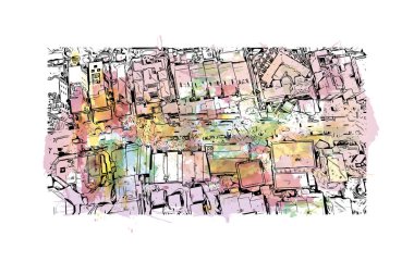 Print Building view with landmark of Noosa Heads is the town in Australia. Watercolor splash with hand drawn sketch illustration in vector.