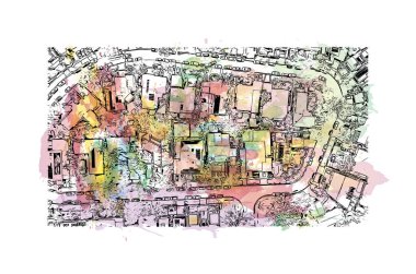 Print Building view with landmark of Noosa Heads is the town in Australia. Watercolor splash with hand drawn sketch illustration in vector.