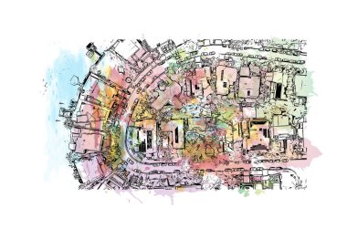 Print Building view with landmark of Noosa Heads is the town in Australia. Watercolor splash with hand drawn sketch illustration in vector.